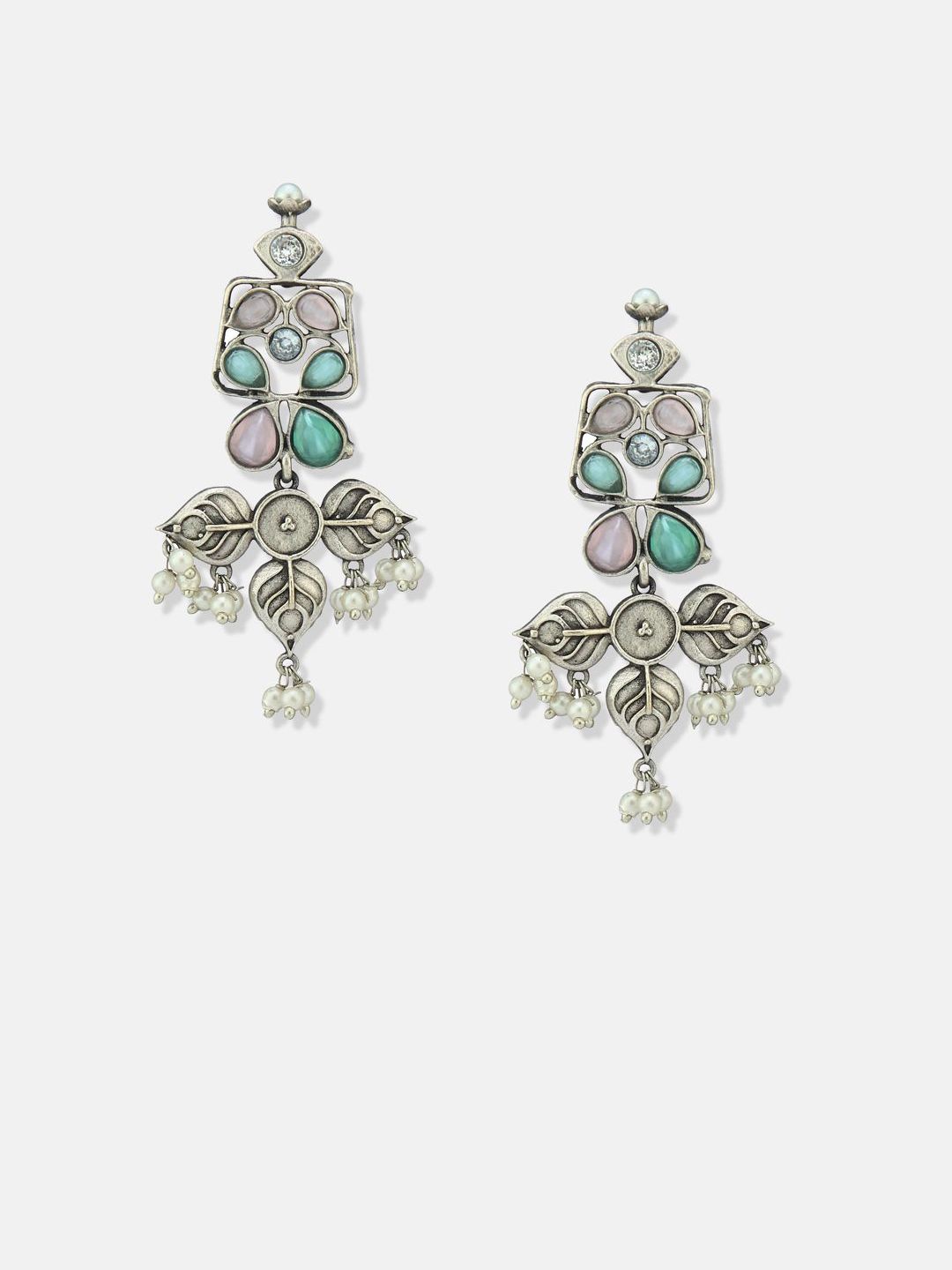 ATIBELLE Set Of 2 German Silver Kundan Studded Contemporary Shaped Drop Earrings