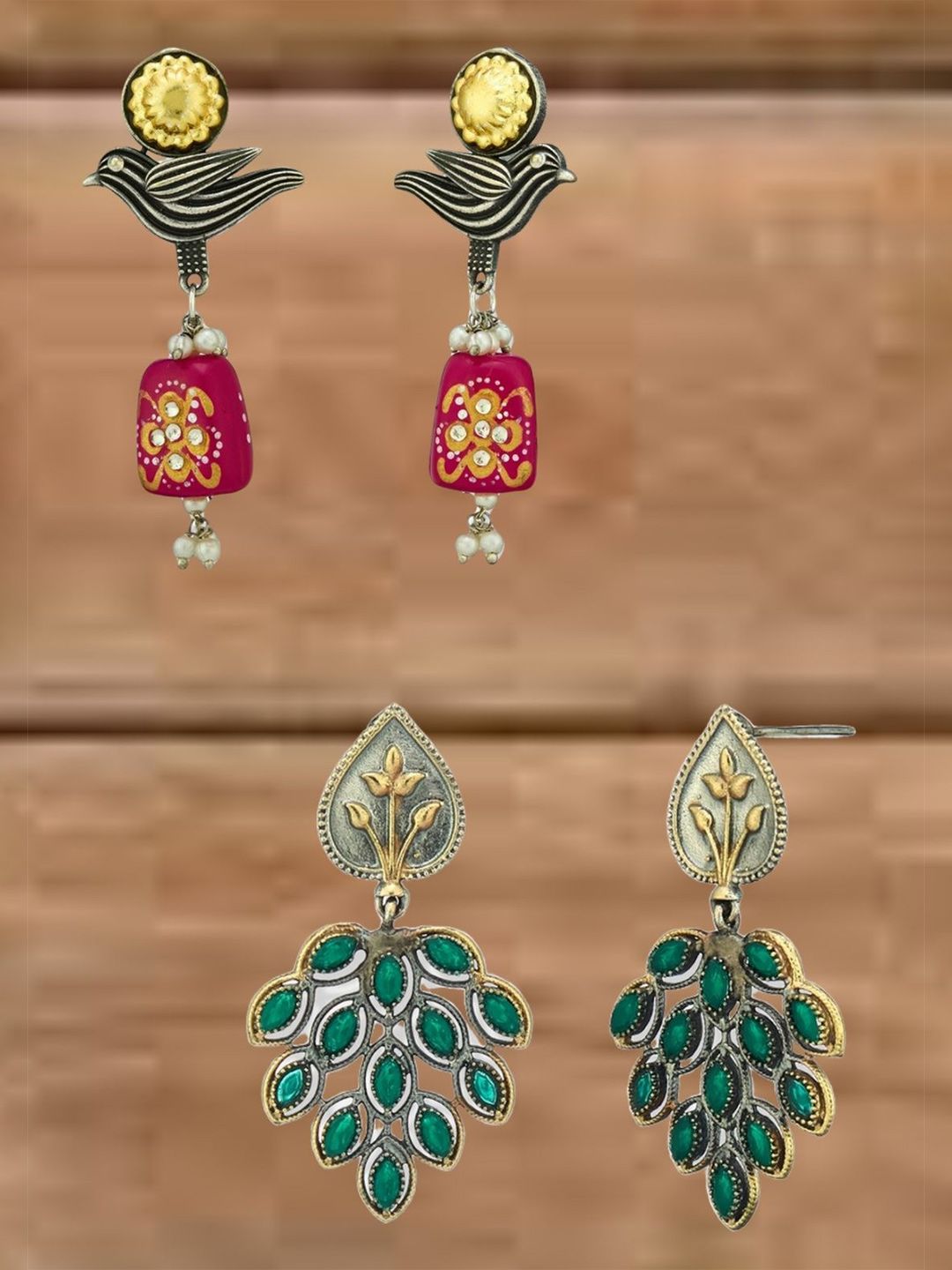ATIBELLE Set Of 2 German Silver Plated Artificial Stone Studded & Beaded Drop Earrings
