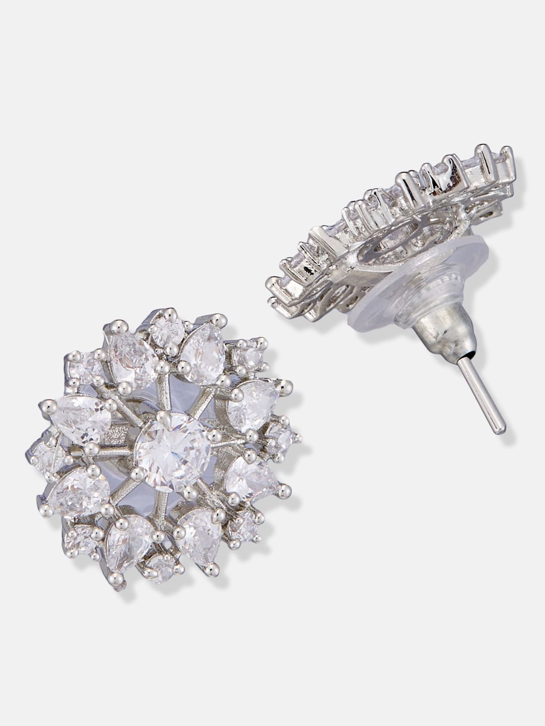 ATIBELLE Set Of  2 Silver Plated Cubic Zirconia Studded Geometric Shape Studs