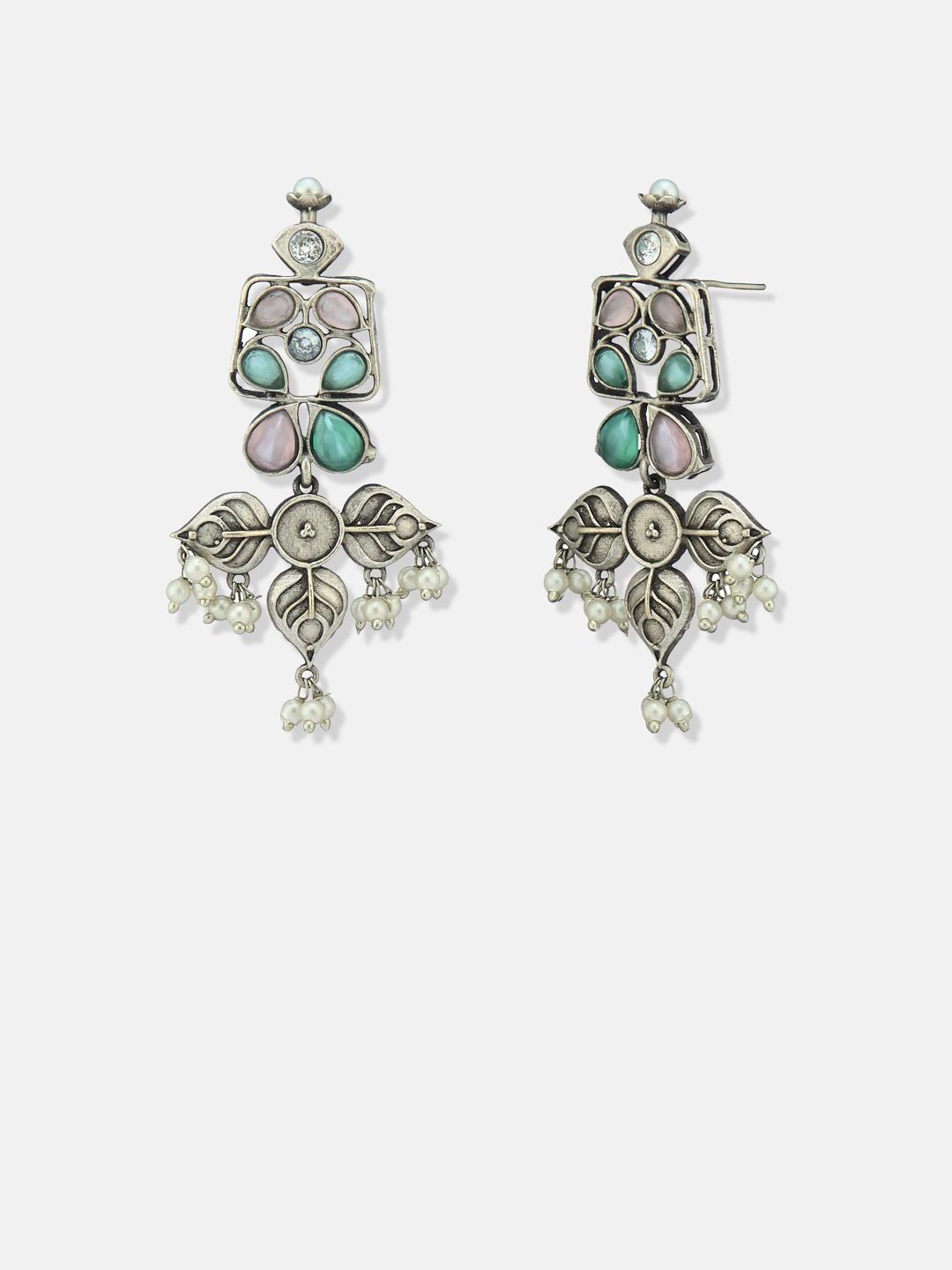 ATIBELLE Set Of 2 German Silver Kundan Studded Contemporary Shaped Drop Earrings