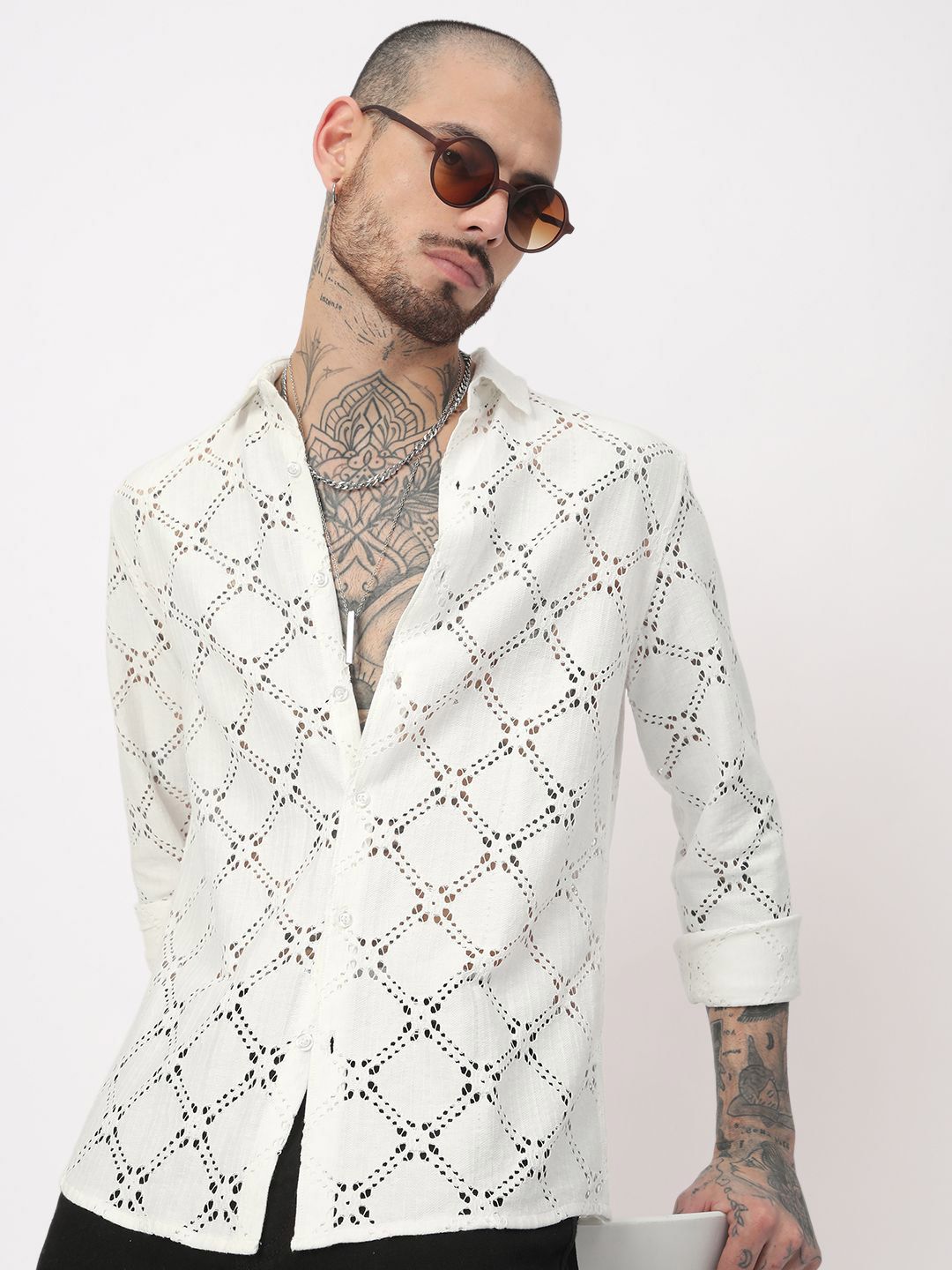 VASTRADO Men Classic Slim Fit Floral Crochet Shirt-picture-24