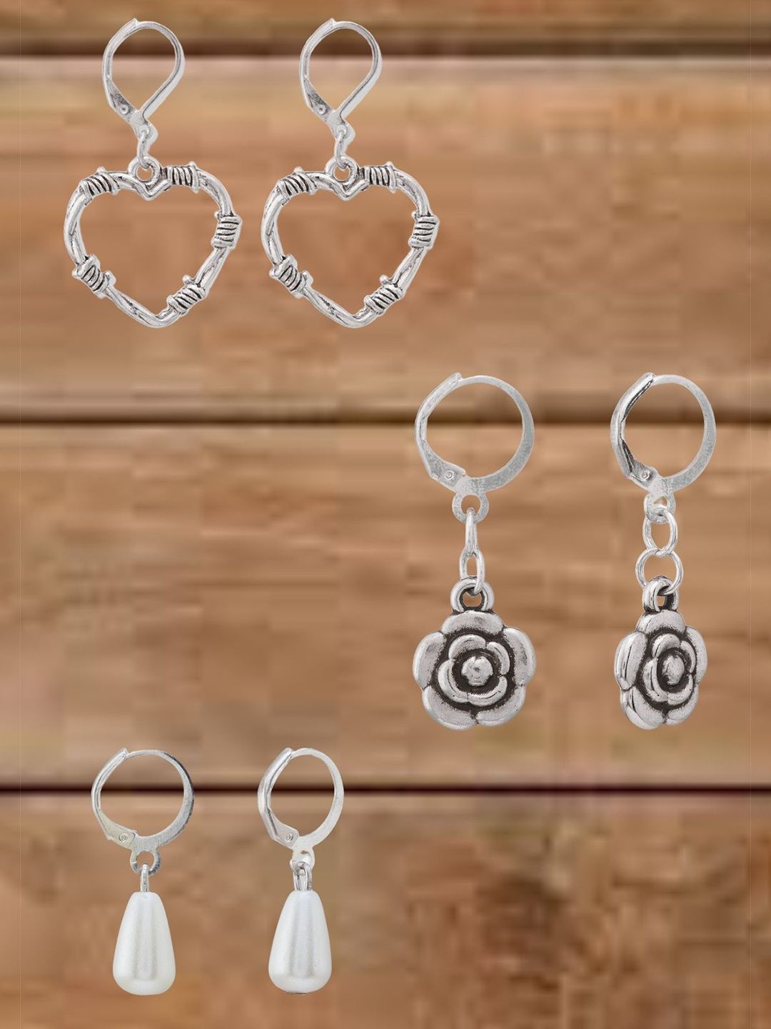 ATIBELLE Set Of 3 German Silver Plated Heart Shaped Drop Earrings