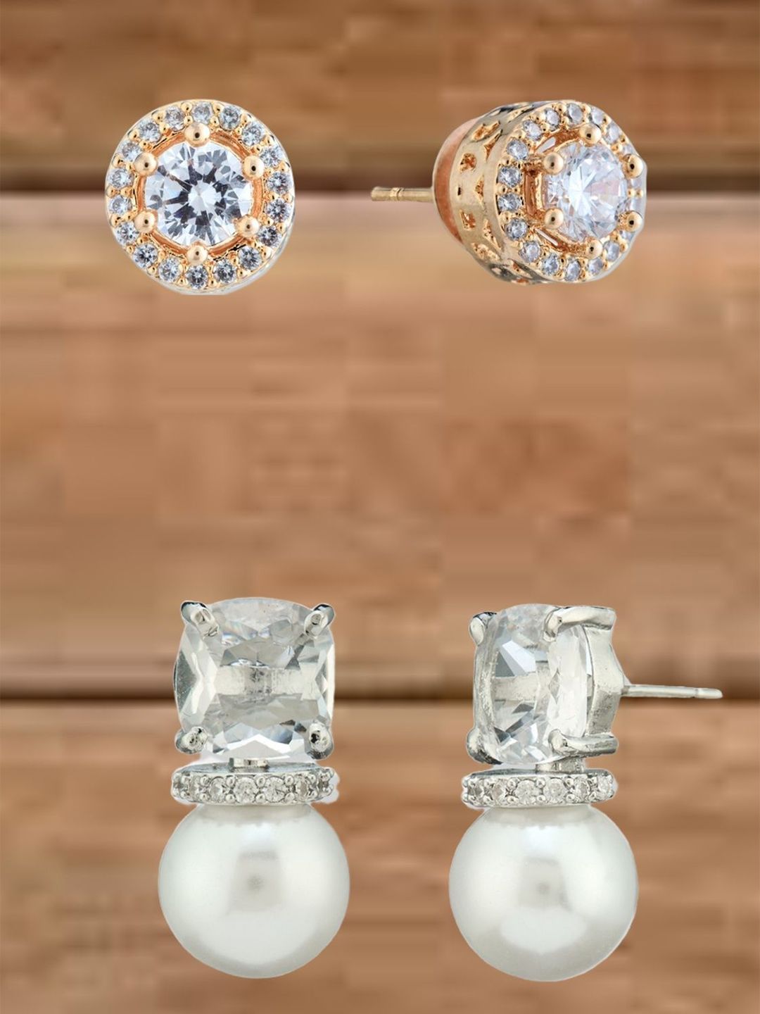 ATIBELLE Set Of 2 Silver Plated Cubic Zirconia Studded Circular Shaped Studs
