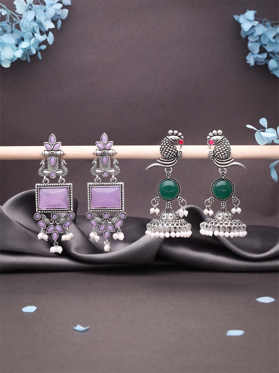 Anouk Set Of 2 Silver-Plated Artificial Stones Studded Oxidised Dome Shaped Jhumkas-picture-27
