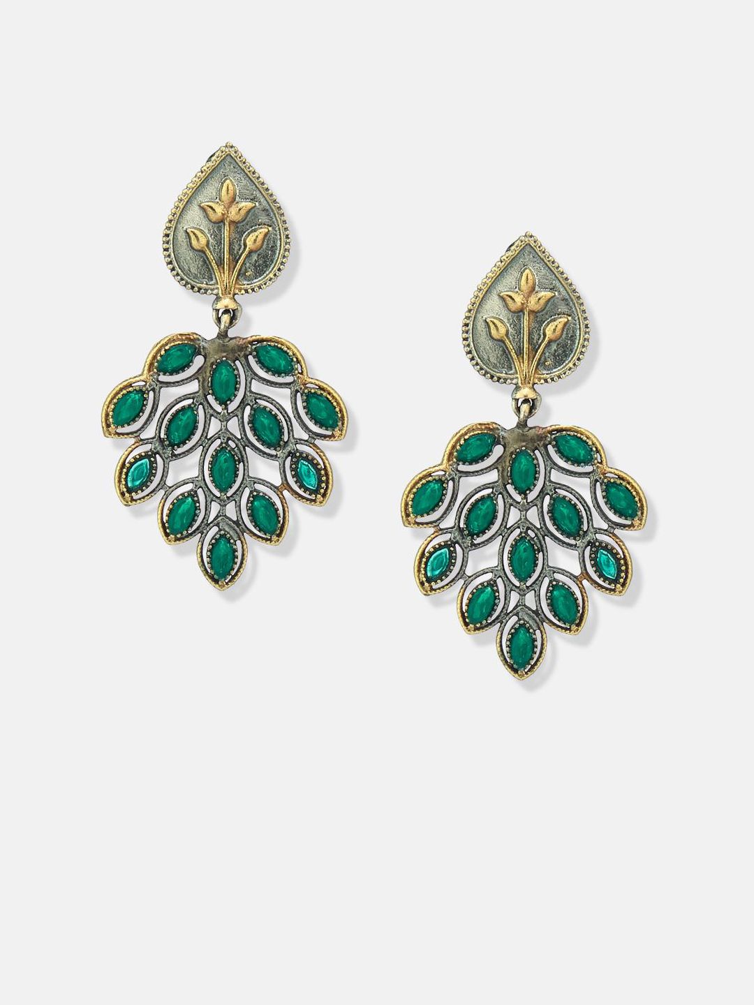 ATIBELLE Set Of 2 German Silver Kundan Studded Contemporary Shaped Drop Earrings