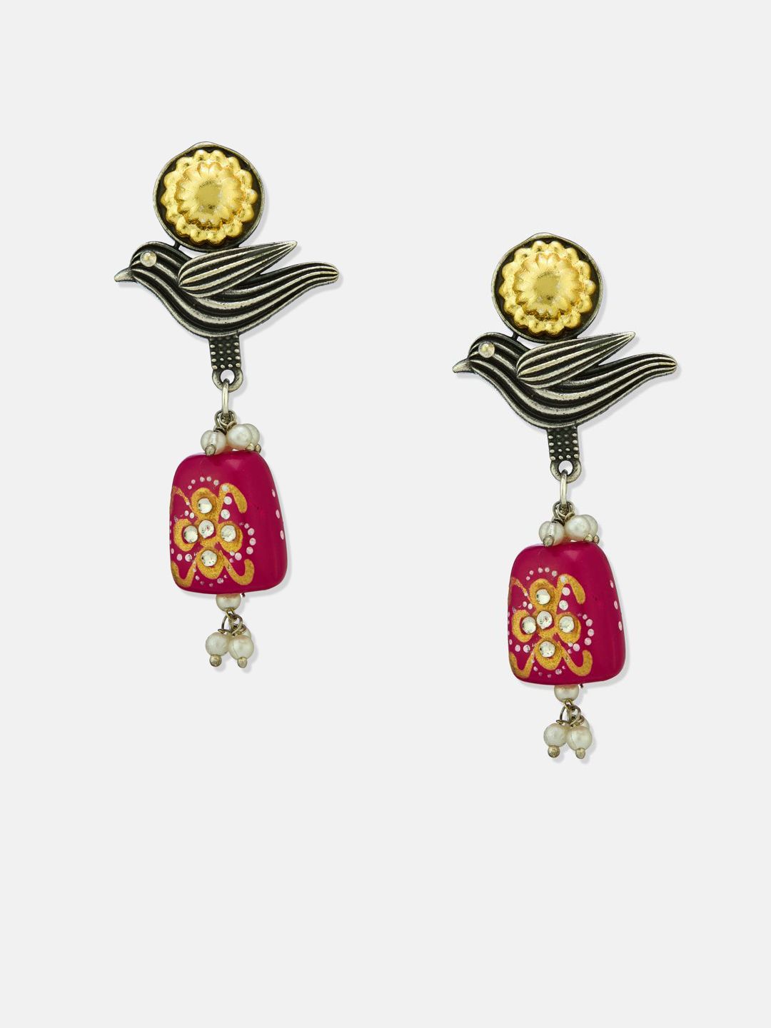 ATIBELLE Set Of  2 German Silver Plated Kundan Studded Contemporary Shape Drop Earrings