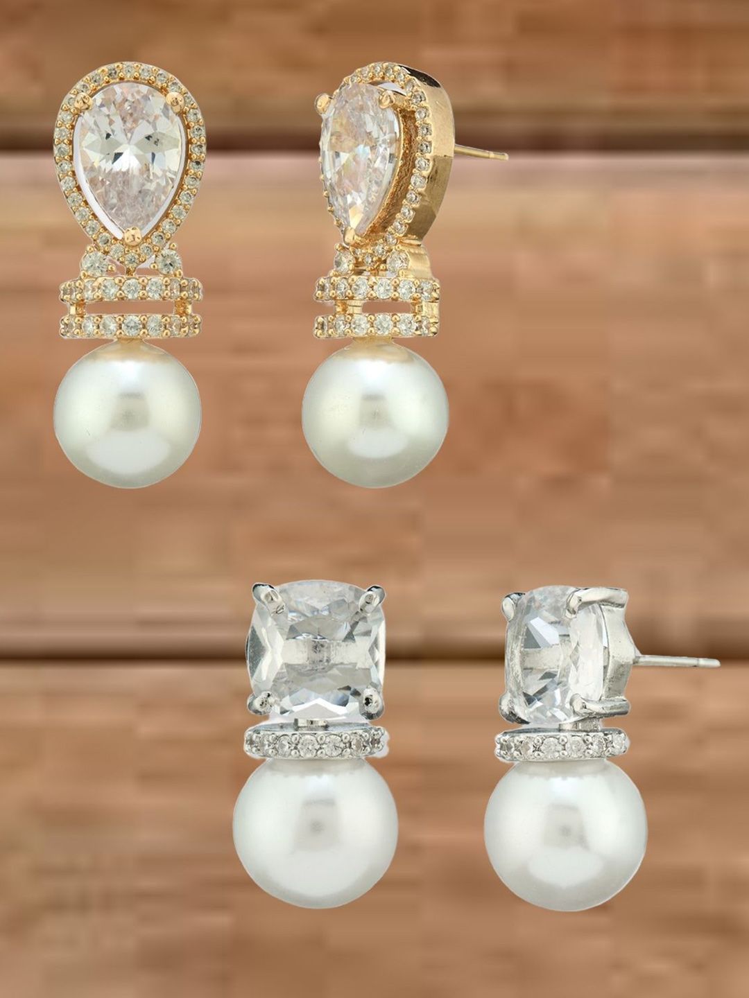 ATIBELLE Set Of 2 German Silver Gold-Plated Cubic Zirconia Studded Teardrop Drop Earrings