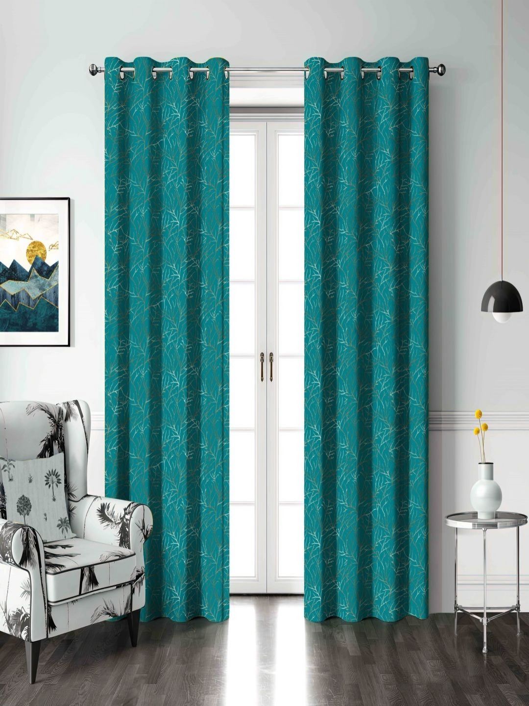 Aura Teal & Brown Set of 2 Black Out Long Door Curtain-image-27