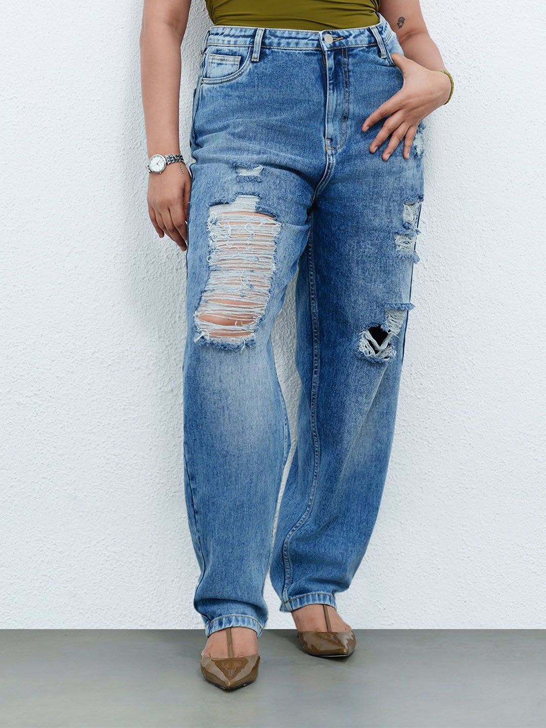 FREAKINS Women Plus Size Curve True Blue Distressed Slouchy Jeans-picture-23