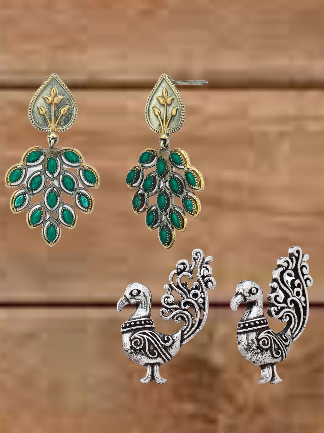 ATIBELLE Set Of 2 German Silver Plated Artificial Stones Studded & Beaded Drop Earrings