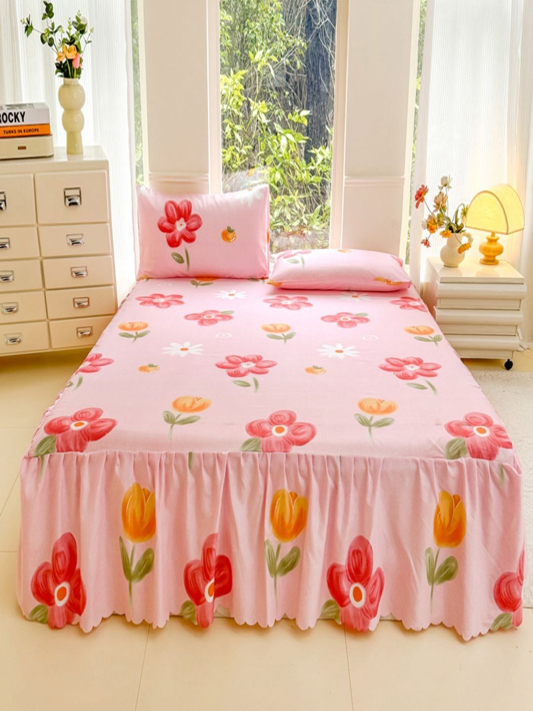 JC HOME Pink & Yellow Floral 140 TC Queen Bedsheet with 2 Pillow Covers-picture-34