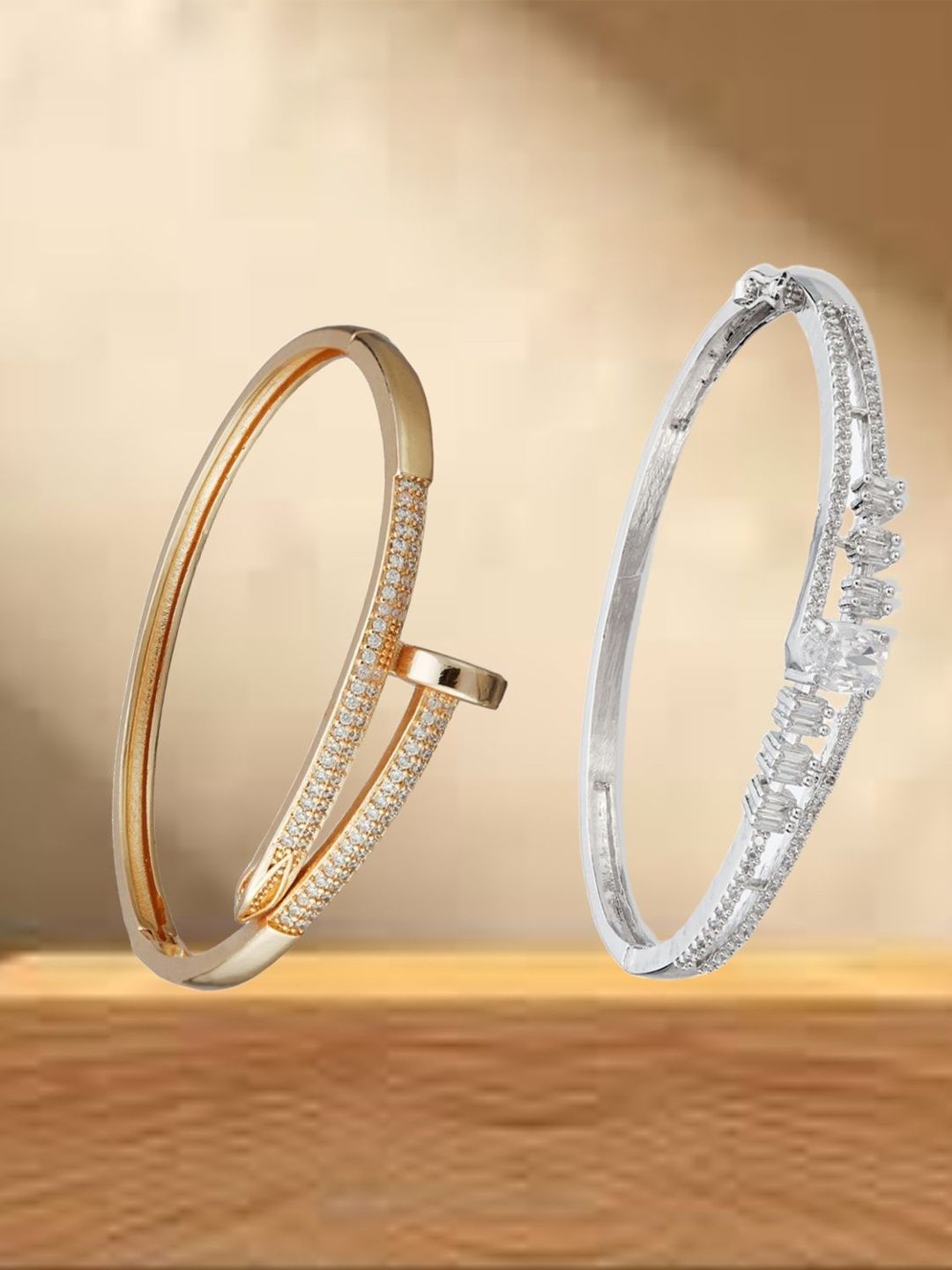 ATIBELLE SeOf 2 Silver-Plated Cubic Zirconia Studded Bangle-Style Bracelet