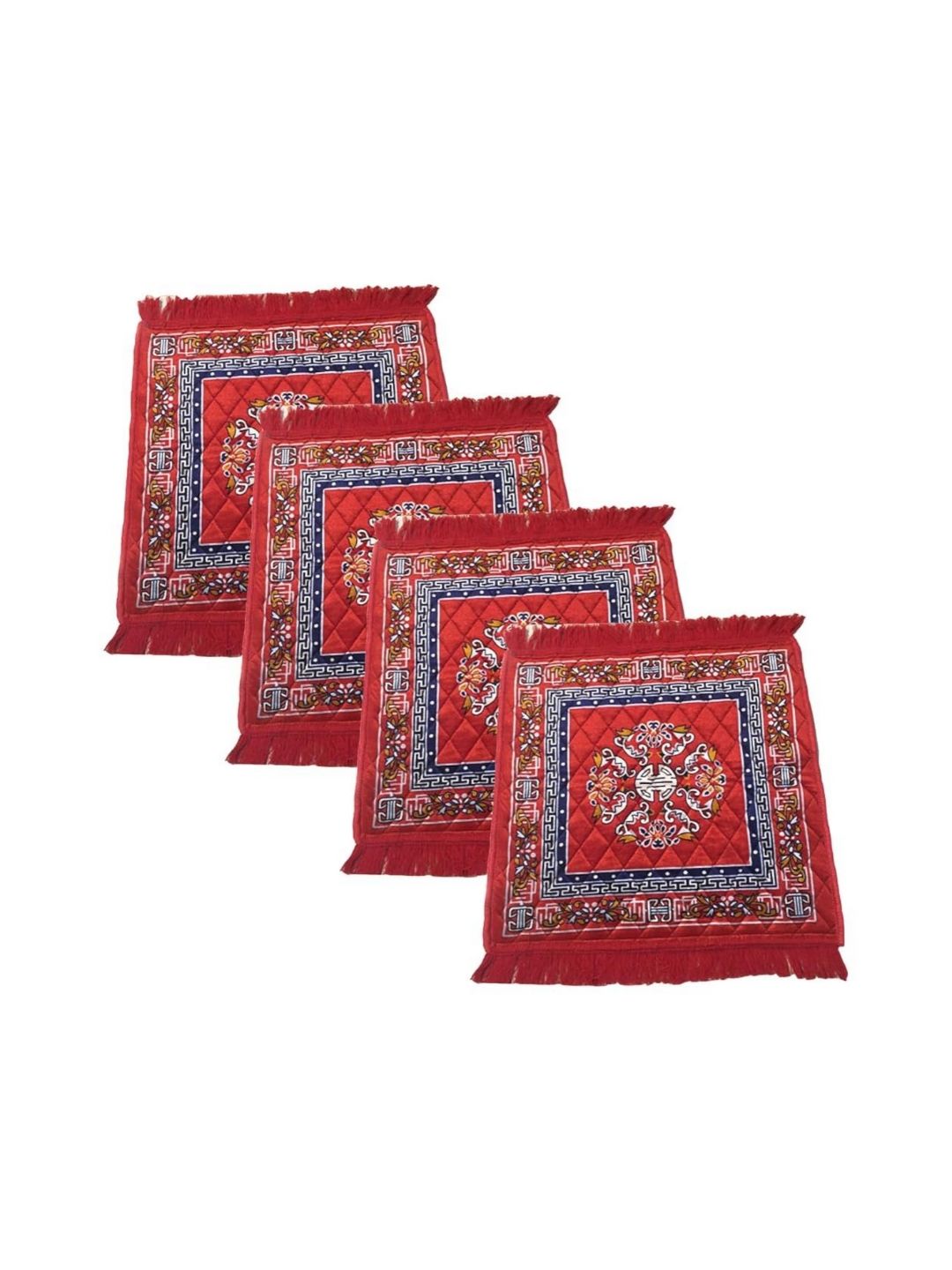 AAZEEM 4Pcs Blue & Red Ethnic Motifs Velvet Floor Mat-image-29