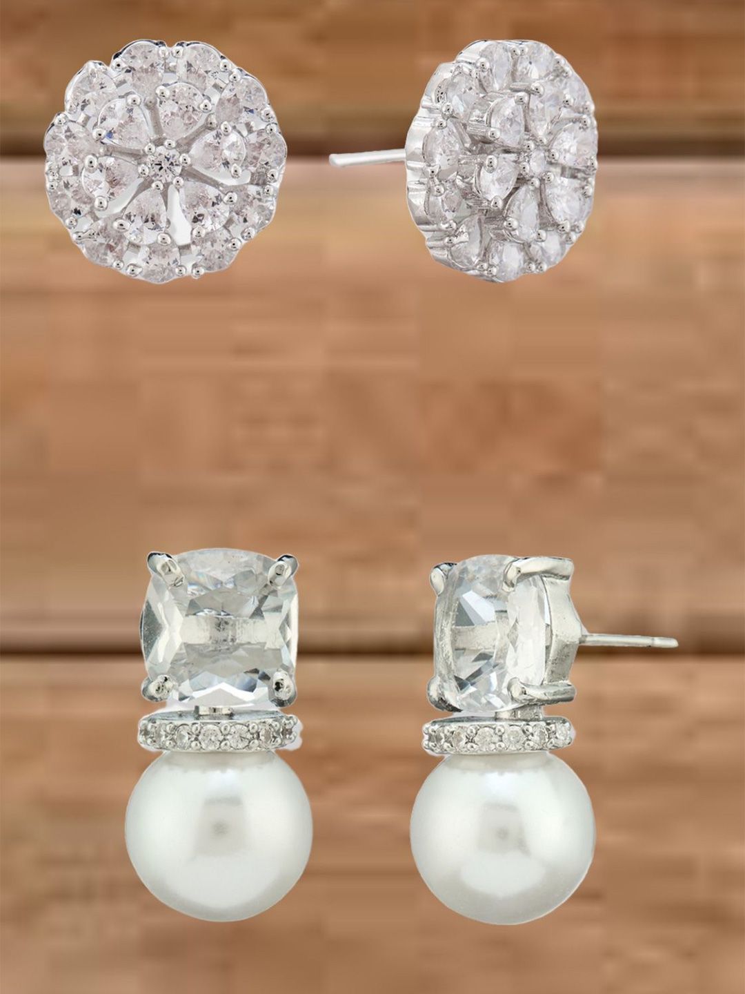 ATIBELLE Set Of 2 German Silver Plated Cubic Zirconia Stones Studded Floral Studs