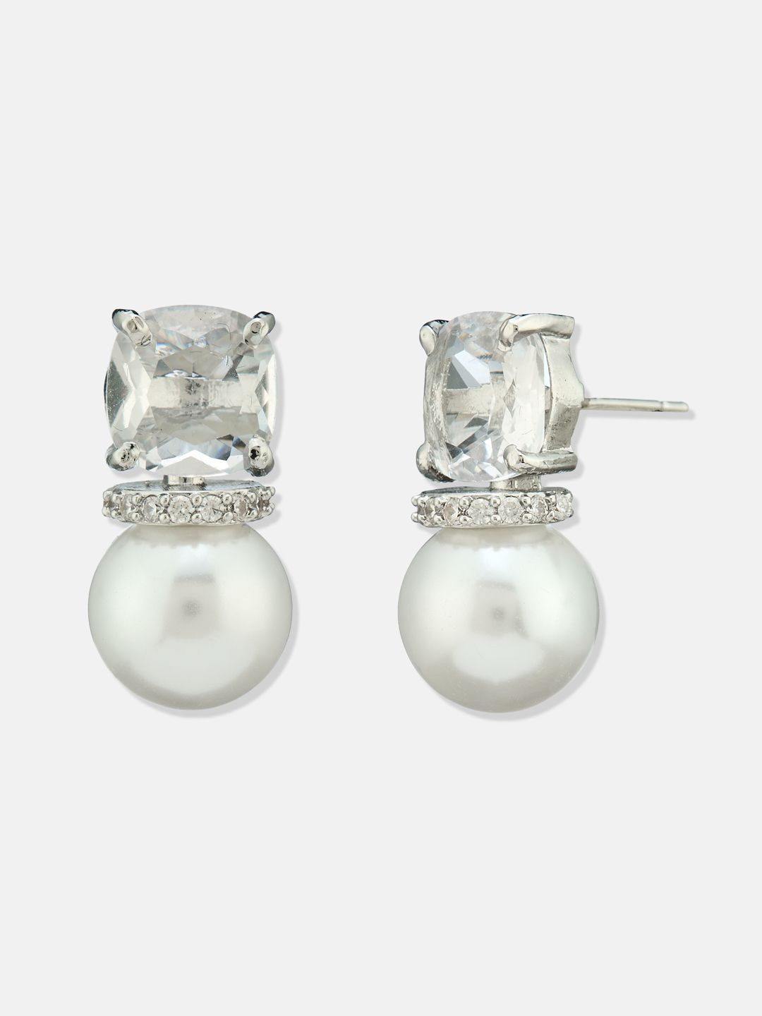 ATIBELLE Set Of  2 Silver Plated Cubic Zirconia Studded Geometric Shape Studs
