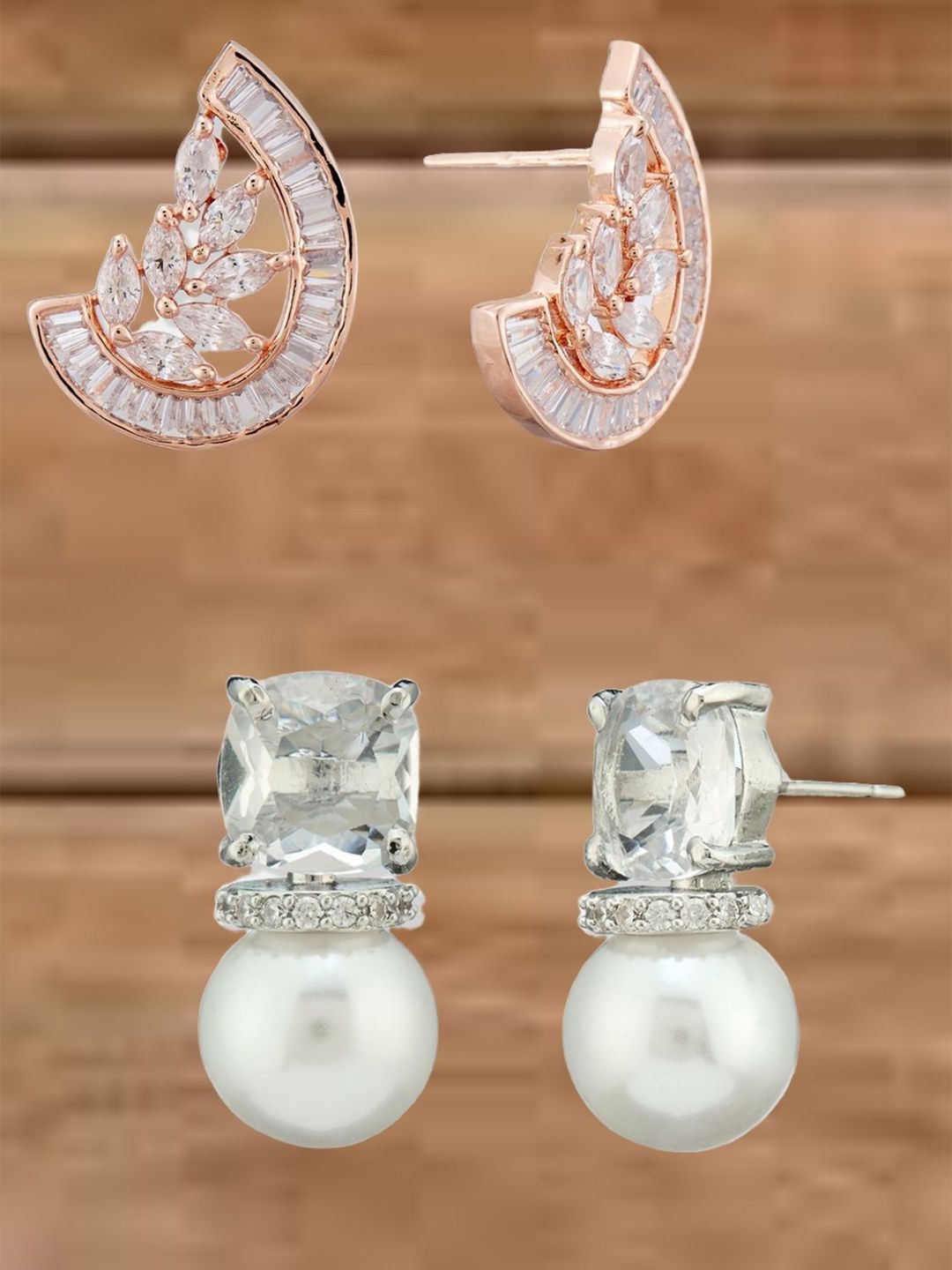 ATIBELLE Set Of 2 Silver-Plated Cubic Zirconia Studded Contemporary Drop Earrings