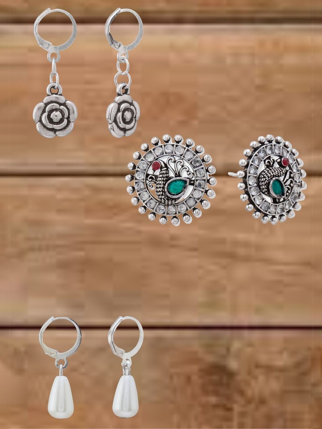 ATIBELLE Set Of 3 Silver-Plated Artificial Stones Studded & Beads Beaded Drop Earrings