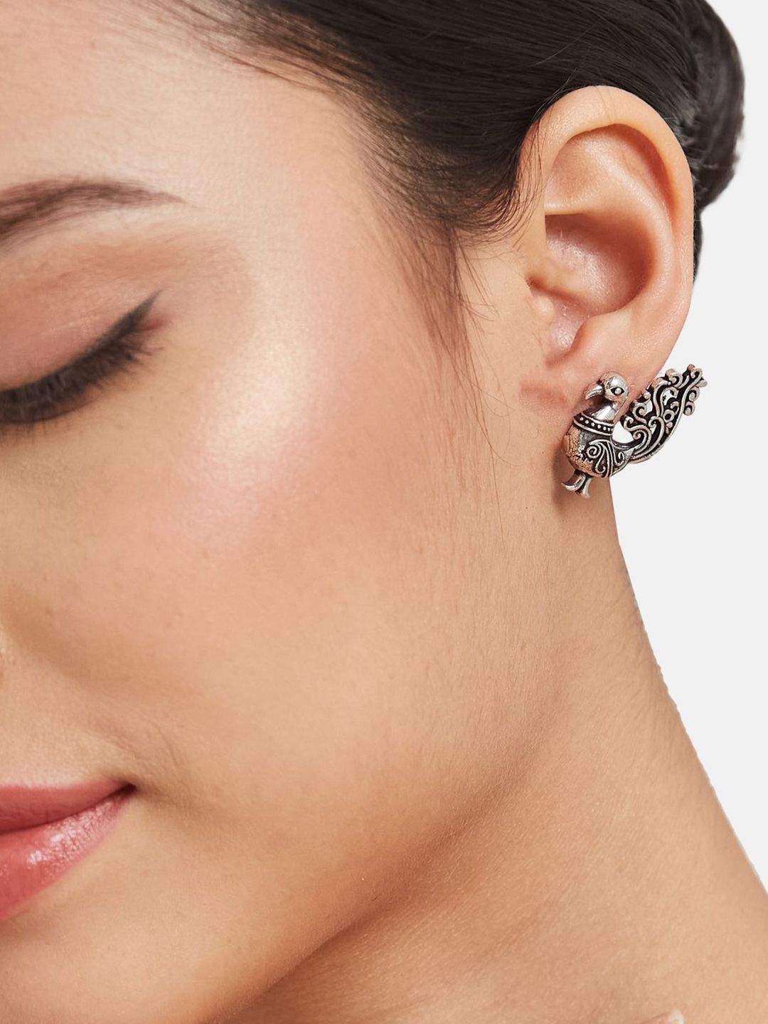 ATIBELLE Set Of 2 German Silver-Plated Kundan Studded Oxidised Contemporary Drop Earrings