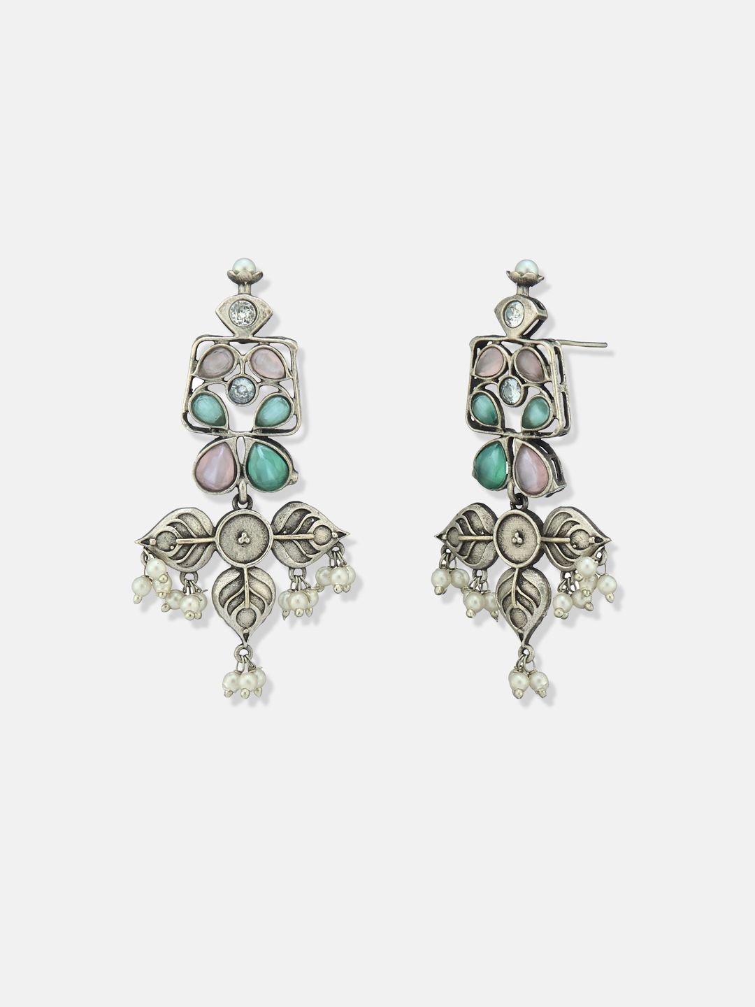 ATIBELLE Set Of  2 German Silver Plated Kundan Studded Contemporary Shape Drop Earrings