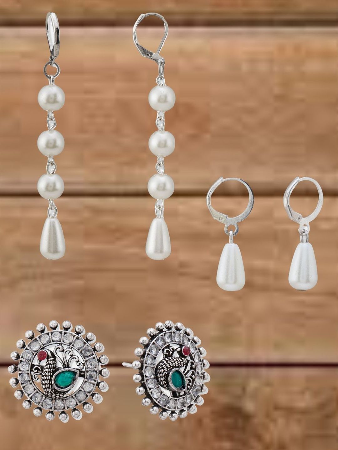 Atibelle Set Of 3 German Silver Plated Artificial Stones Studded Teardrop Drop Earrings-picture-37