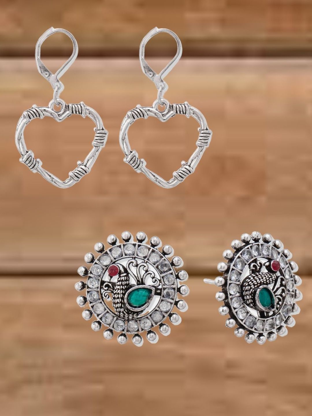 ATIBELLE Set Of 2 German Silver Plated Artificial Stone Studded Circular Studs