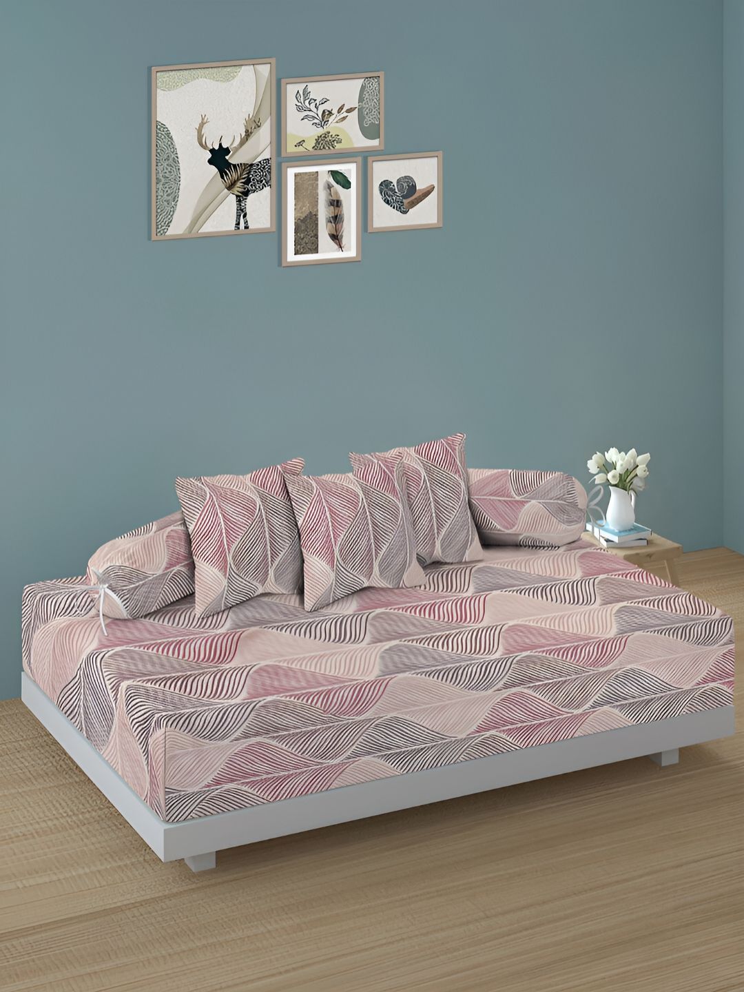 Arrabi 6Pcs Cream-Colored & Grey Striped Skin-Friendly Superfine Quality Diwan Set-image-48
