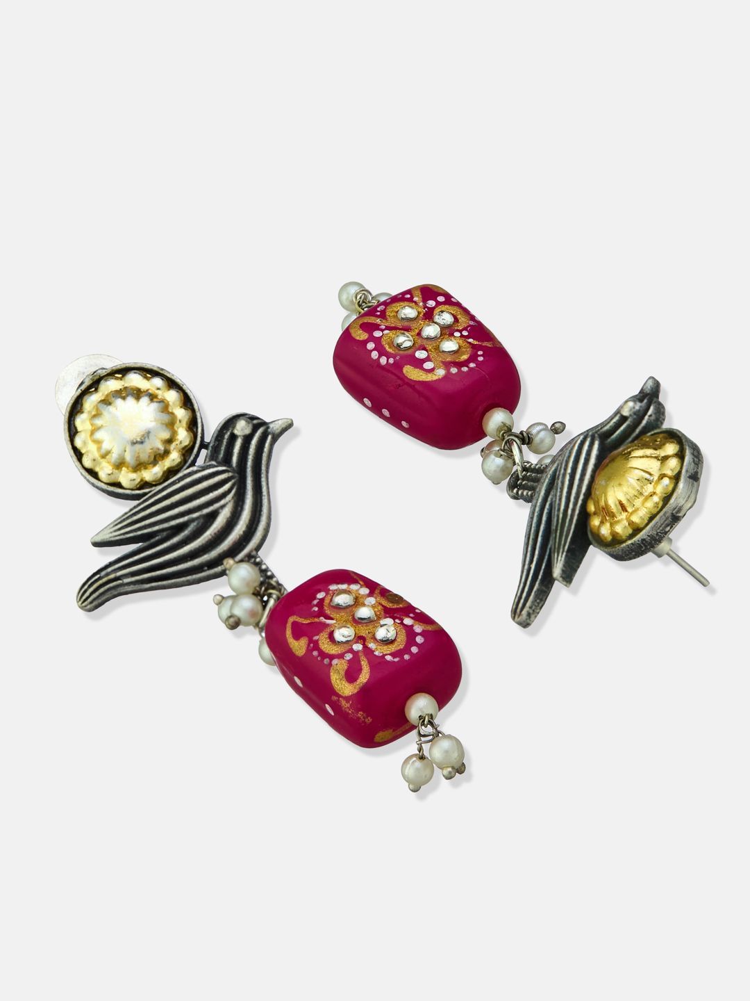 ATIBELLE Set Of  2 German Silver Plated Kundan Studded Contemporary Shape Drop Earrings