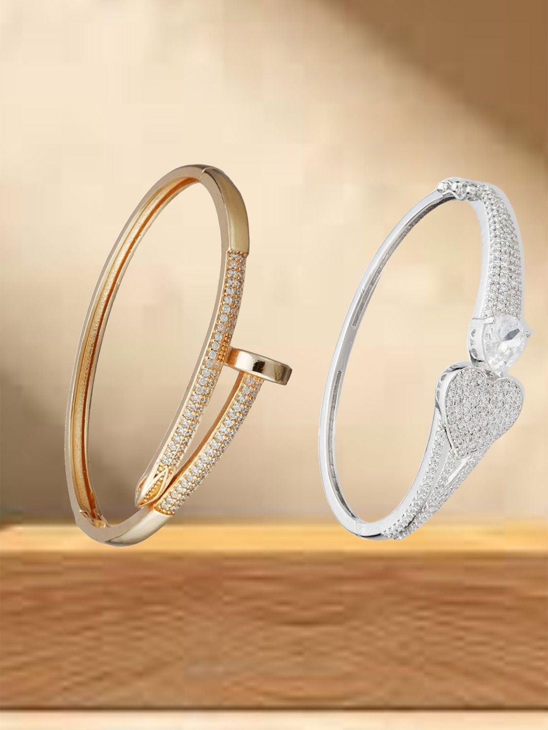 ATIBELLE SeOf 2 Silver-Plated Cubic Zirconia Studded Bangle-Style Bracelet