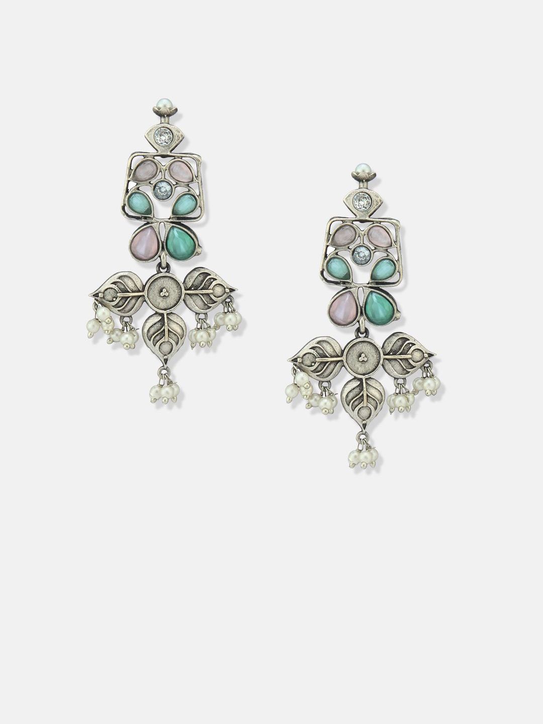 ATIBELLE Set Of  2 German Silver Plated Kundan Studded Contemporary Shape Drop Earrings