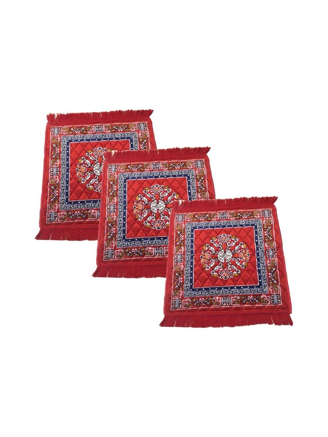 AAZEEM 3Pcs Blue & Red Ethnic Motifs Velvet Floor Mat-image-30