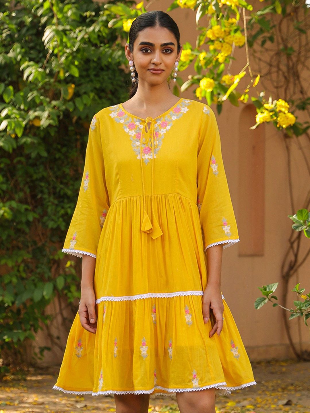 SCAKHI Mustard Cotton Mulmul Embroidered Midi Dress-picture-33