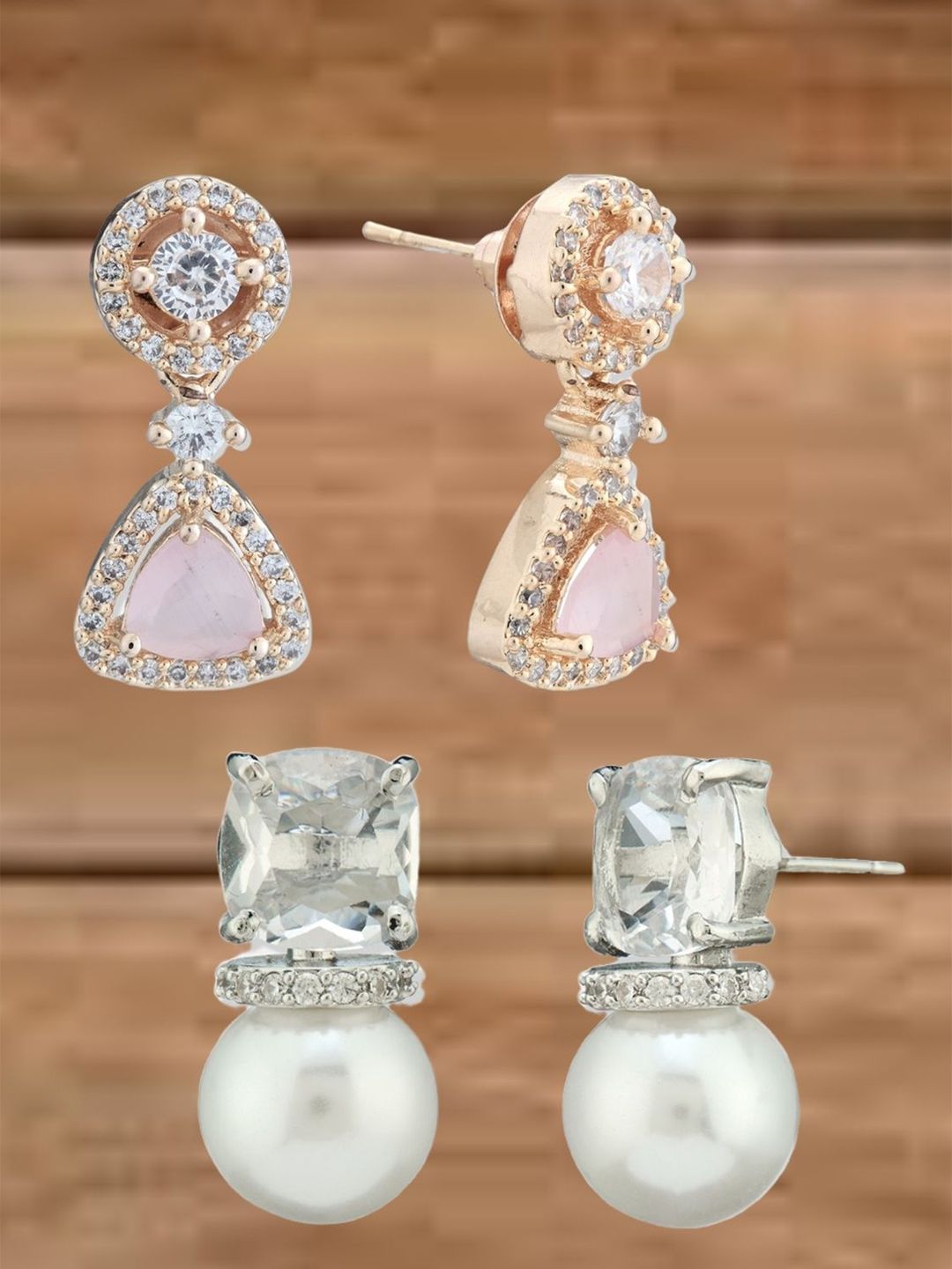 ATIBELLE Set Of 2 Rose Gold-Plated Cubic Zirconia Studded Jadau Contemporary Drop Earrings