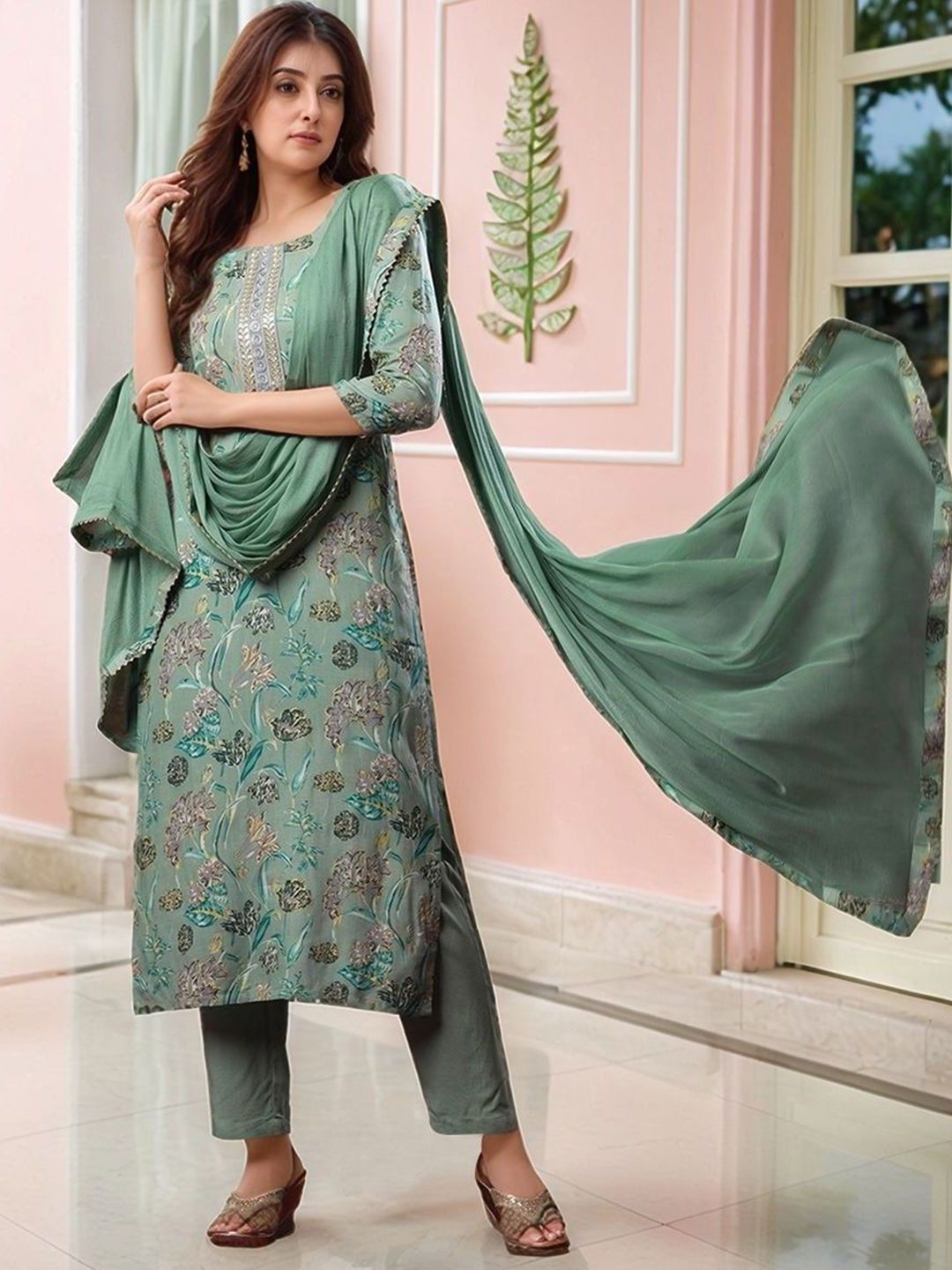 KALINI Women Floral Printed Regular Kurta with Trousers & With Dupatta-picture-15