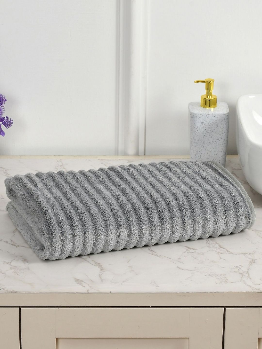 Cotton Bolls Textiles Grey Striped 300 GSM Microfiber Bath Towel-picture-16