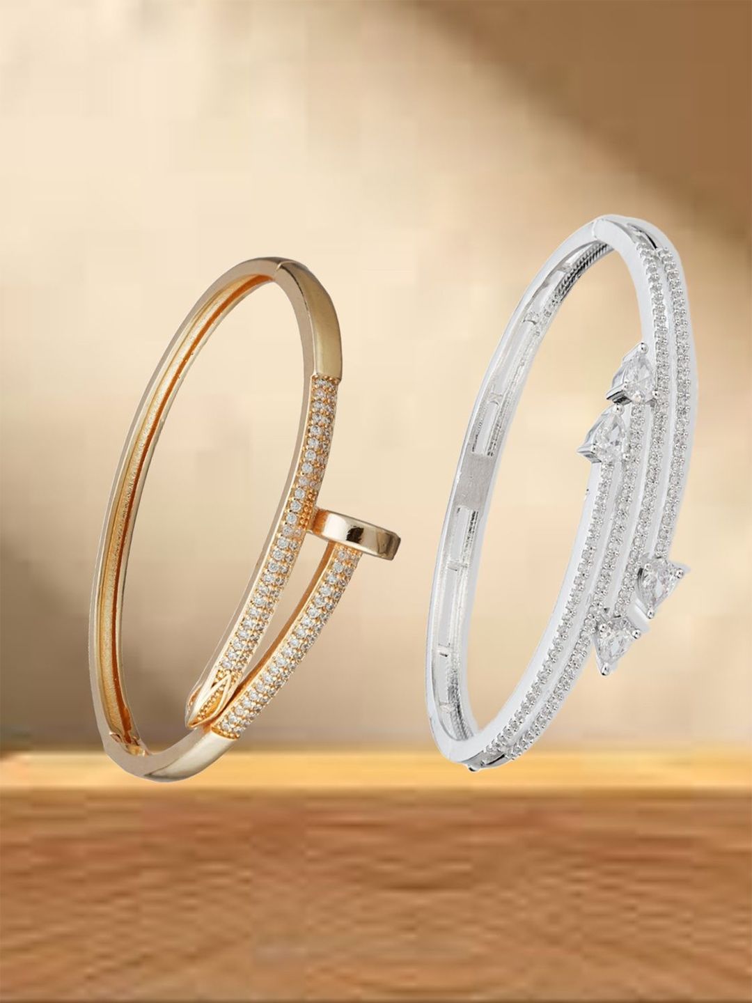 ATIBELLE Women 2 Brass Cubic Zirconia Gold-Plated Bangle-Style Bracelet