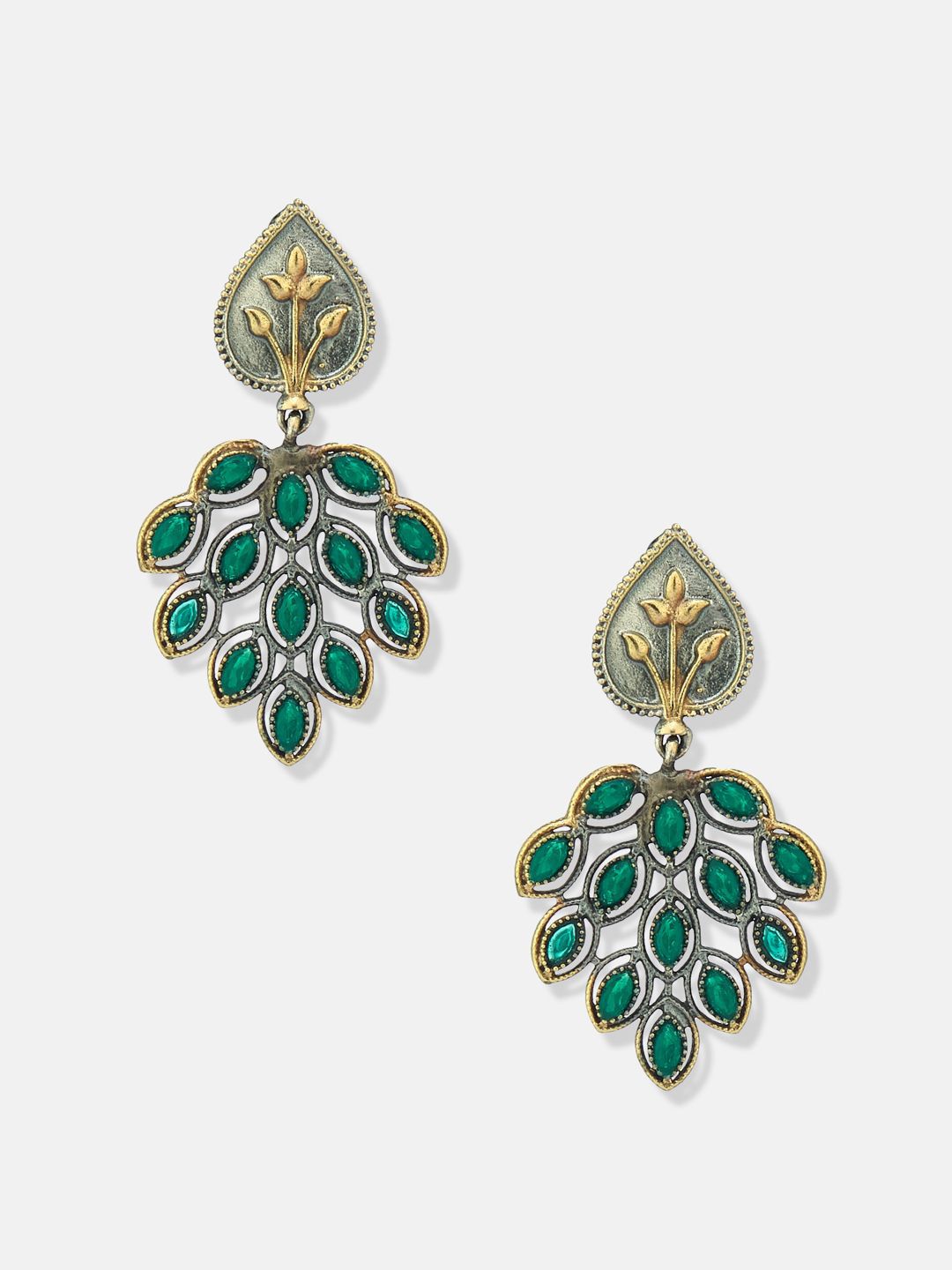 ATIBELLE Set Of 2 German Silver Plated Artificial Stone Studded & Beaded Drop Earrings