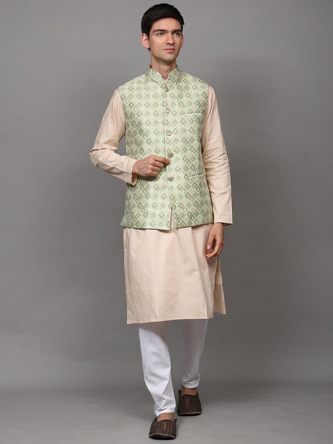 Exotic India Embroidered Mandarin Collar Neck Woven Nehru Jacket-picture-34
