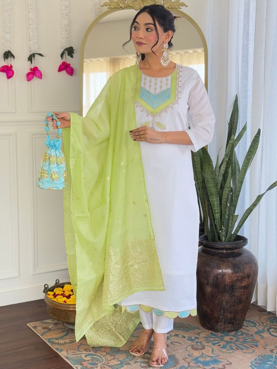 KAUTIK FABRICS Kautik Fabrics White Color Viscose Rayon Embroidered Work Regular Fit Kurta Sets