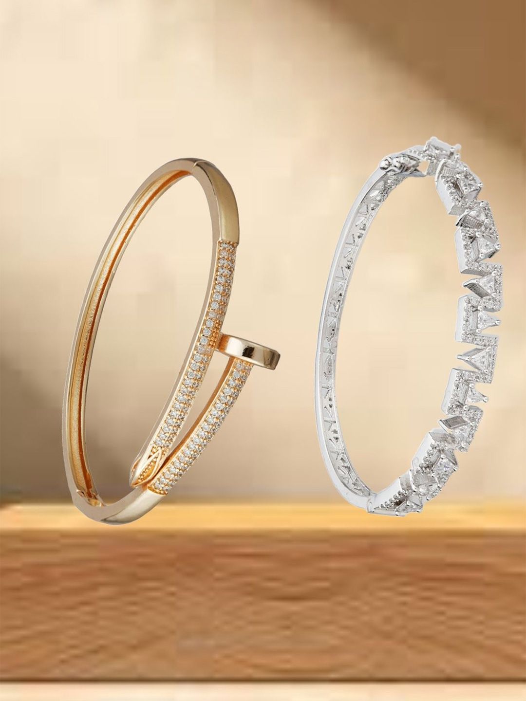 ATIBELLE SeOf 2 Silver-Plated Cubic Zirconia Studded Bangle-Style Bracelet