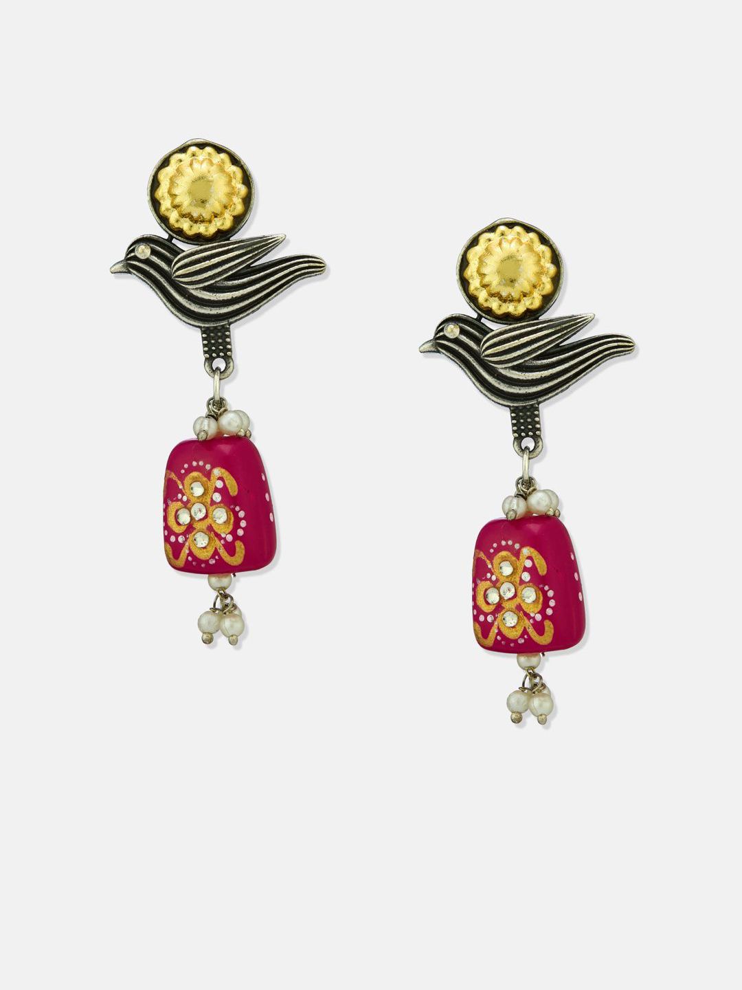 ATIBELLE Set Of 2 German Silver Artificial Stones Studded And Beaded Drop Earrings