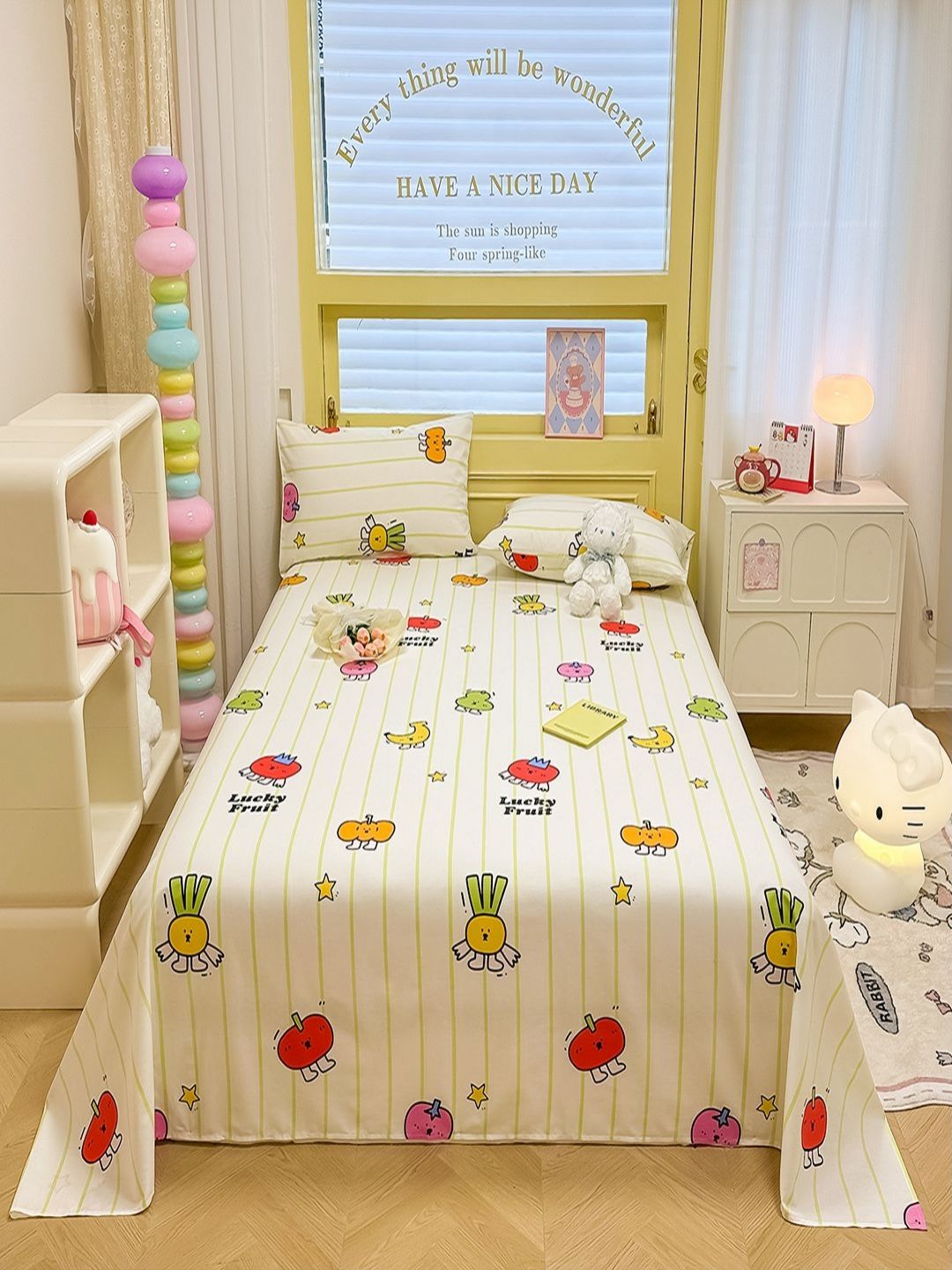 JC HOME Beige & Green Striped 200 TC Single Bedsheet with 1 Pillow Covers-picture-36