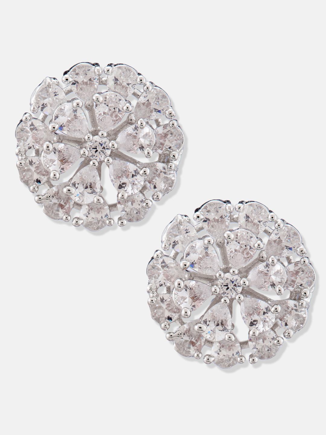 ATIBELLE Set Of 2 German Silver Plated Cubic Zirconia Stones Studded Floral Studs