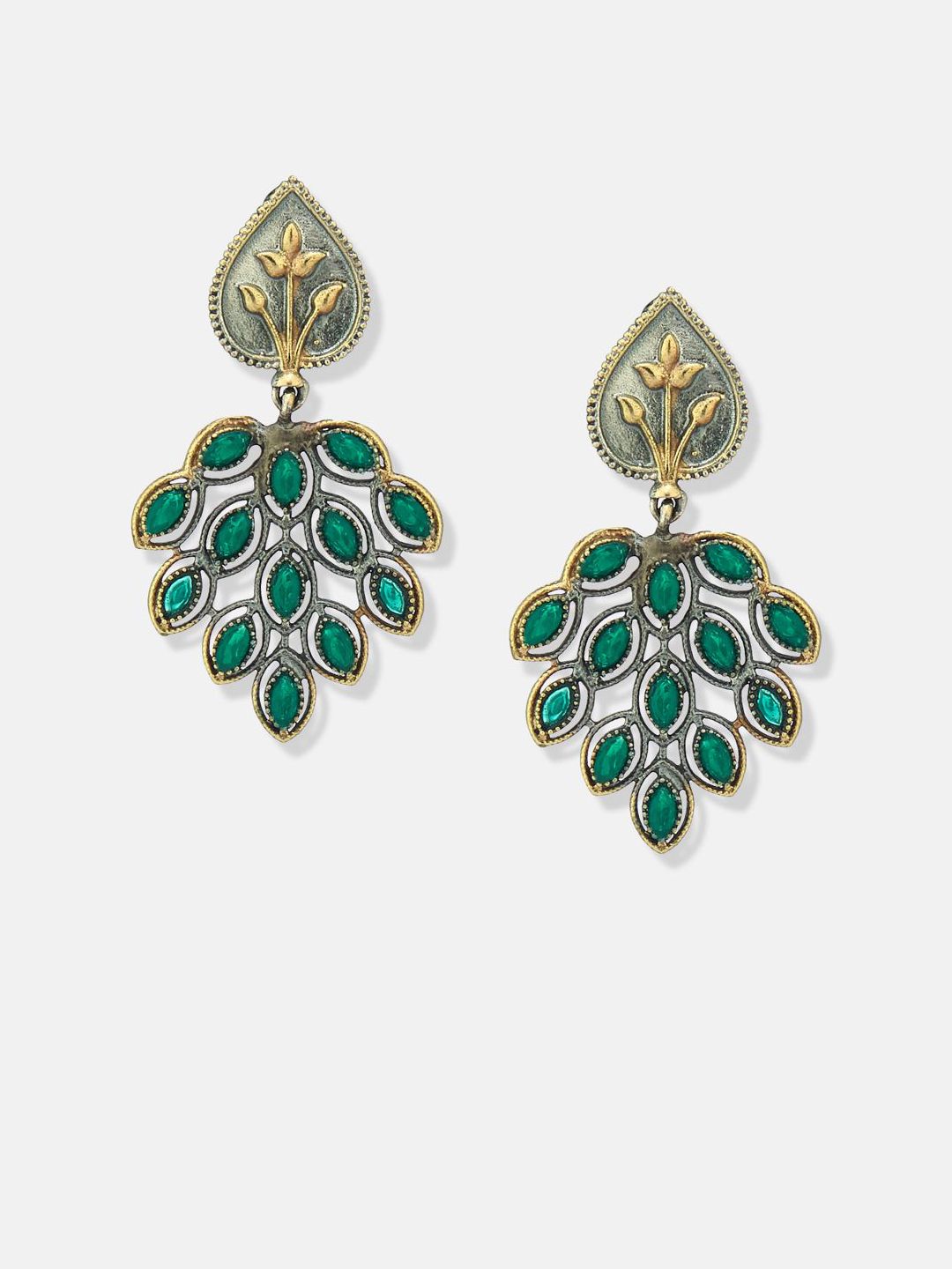 ATIBELLE Set Of 2 German Silver Plated Artificial Stones Studded & Beaded Drop Earrings
