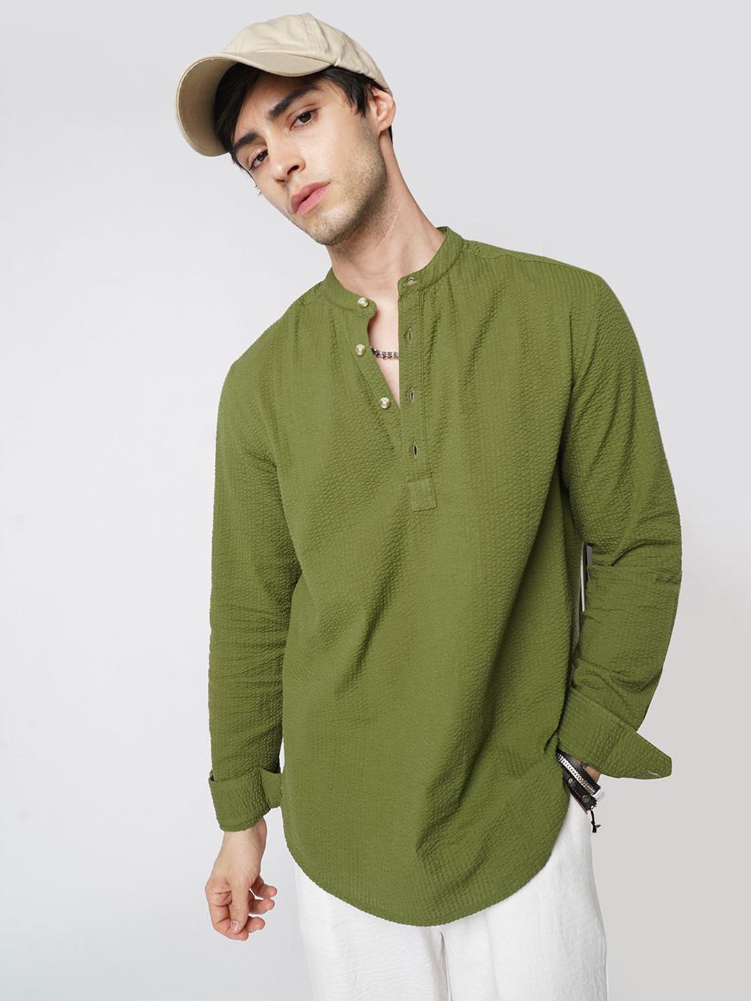 VASTRADO Seersucker Band Collar Pure Cotton Straight Kurta-image-23