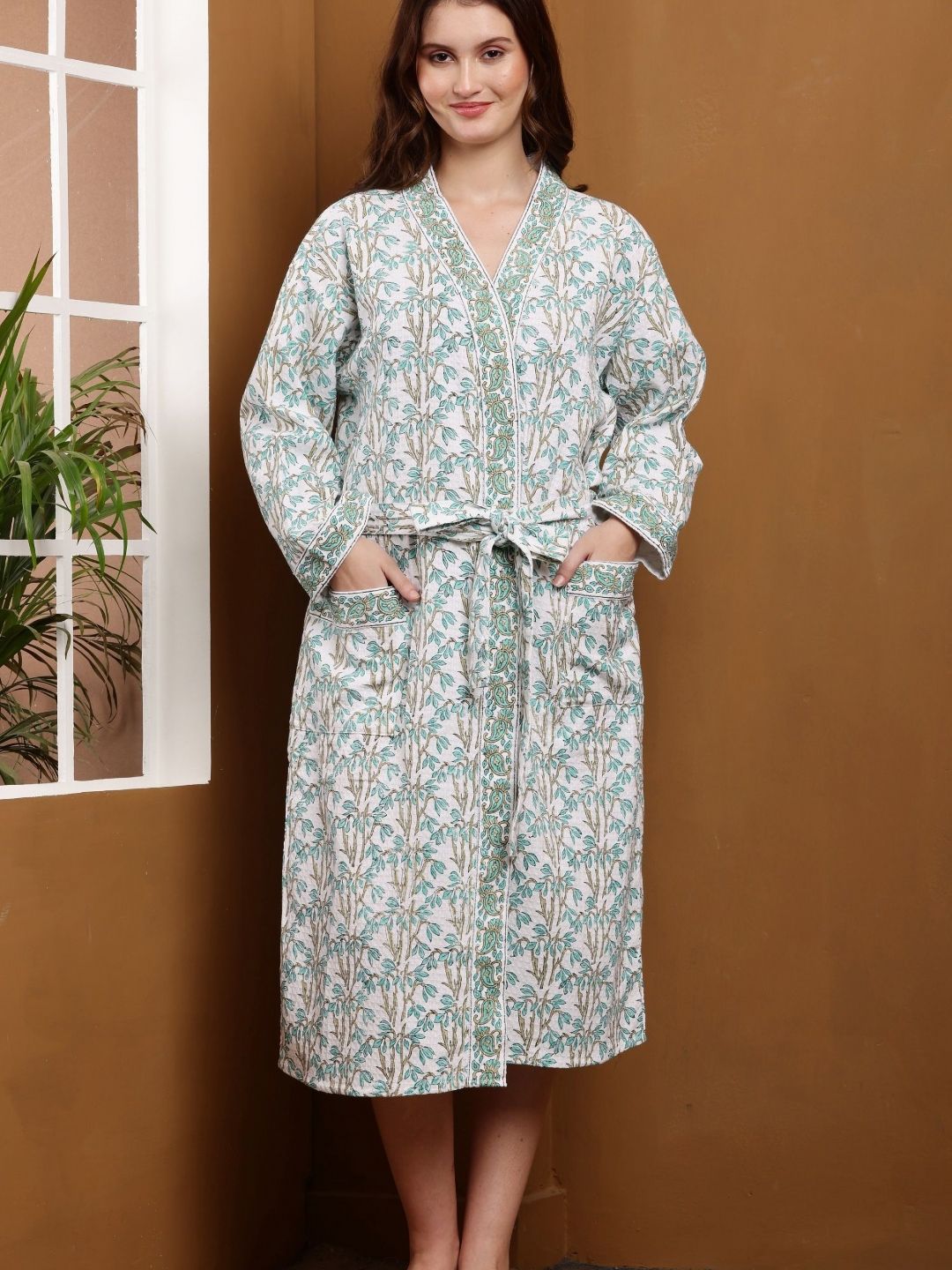 Myntra Elegant Homes Hand Block Printed Pure Waffle Cotton Quick Dry Bathrobe-image-19