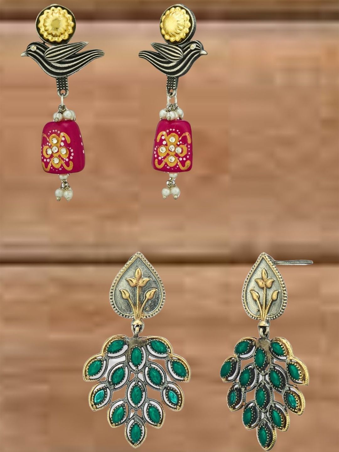 ATIBELLE Set Of 2 German Silver Plated Kundan Stone Studded Contemporary Drop Earrings
