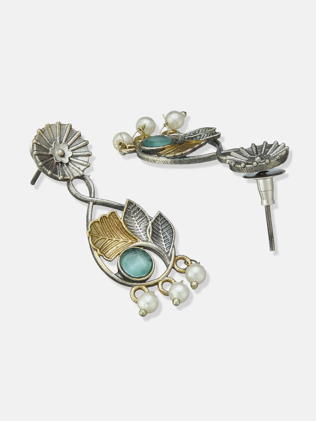 ATIBELLE Set Of 2 German Silver Plated Artificial Stones Studded & Beaded Drop Earrings