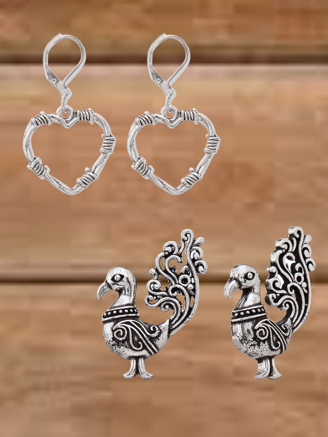 ATIBELLE Set Of 2 German Silver Plated Heart Shaped Drop Earrings