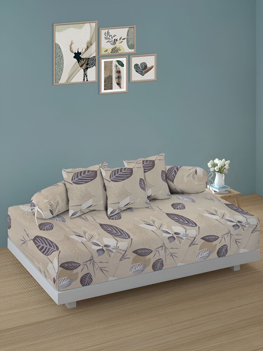 Arrabi 6Pcs Beige & Blue Floral Printed Skin-Friendly Superfine Quality Diwan Set-picture-18