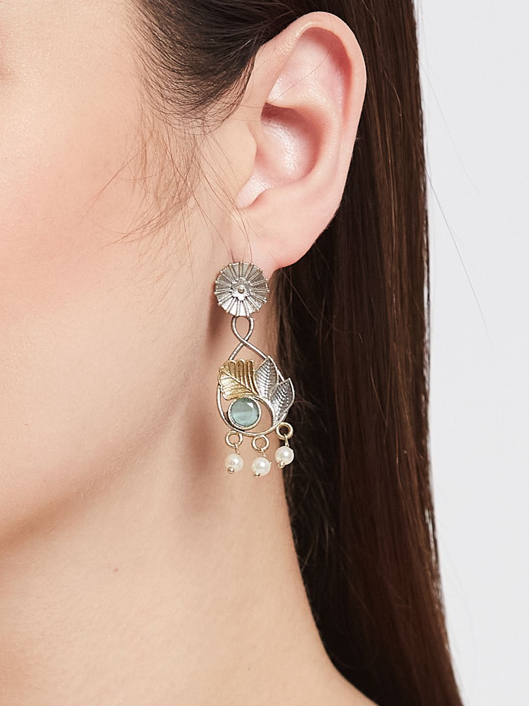 ATIBELLE Set Of 2 German Silver Artificial Stones Studded And Beaded Drop Earrings